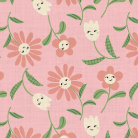 Katoen Print - Smiling Flowers -  Pink 