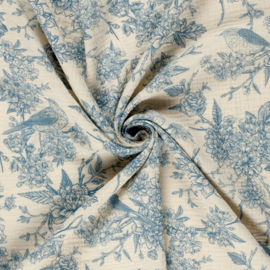 Double Gauze - Flowers and Birds - Blue