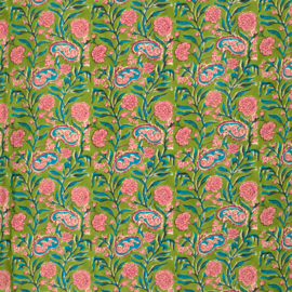 katoen Print - Voile - Batik  - Pink Flowers   - Bright Green