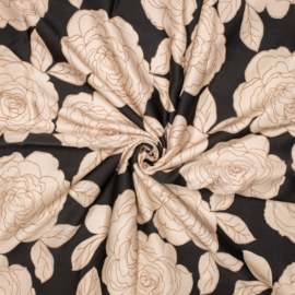 Viscose Satijn - Flower   - Beige Black