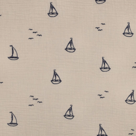 Double Gauze - Embroidery- Boats  - Sand
