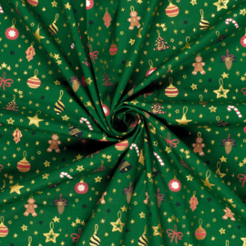 Katoen Print Kerst -  Christmas Balls   - Green  Foil Gold