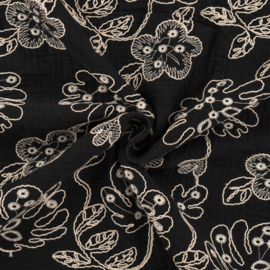 Double Gauze -Embroidery - Flowers - Black