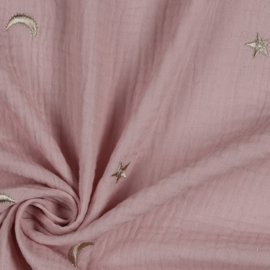 Double Gauze - Embroidery - Moon & Stars - Soft Pink