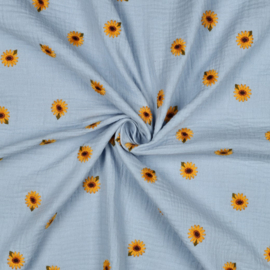 Verhees Textiles - Double Gauze Embroidery - Sunflower  - Light Blue