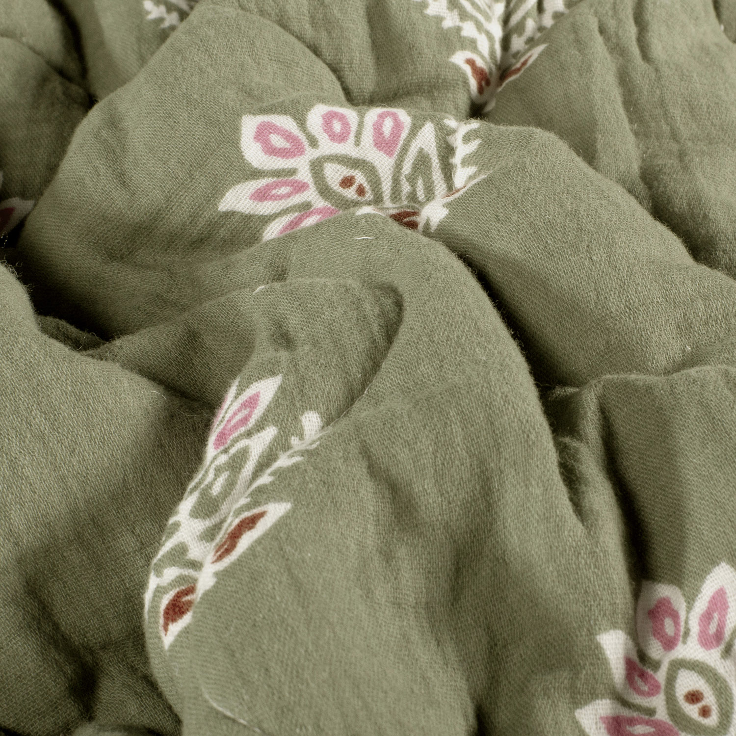Stepped - Quilted - Ikat Flowers   - Double Sided -  Green Bordeaux