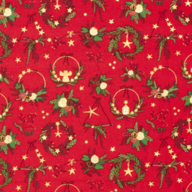 Katoen Print Kerst -  Christmas    - Red Foil Gold