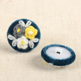 Set 2 knopen 25mm - velvet Flower embroidery - Petrol 545