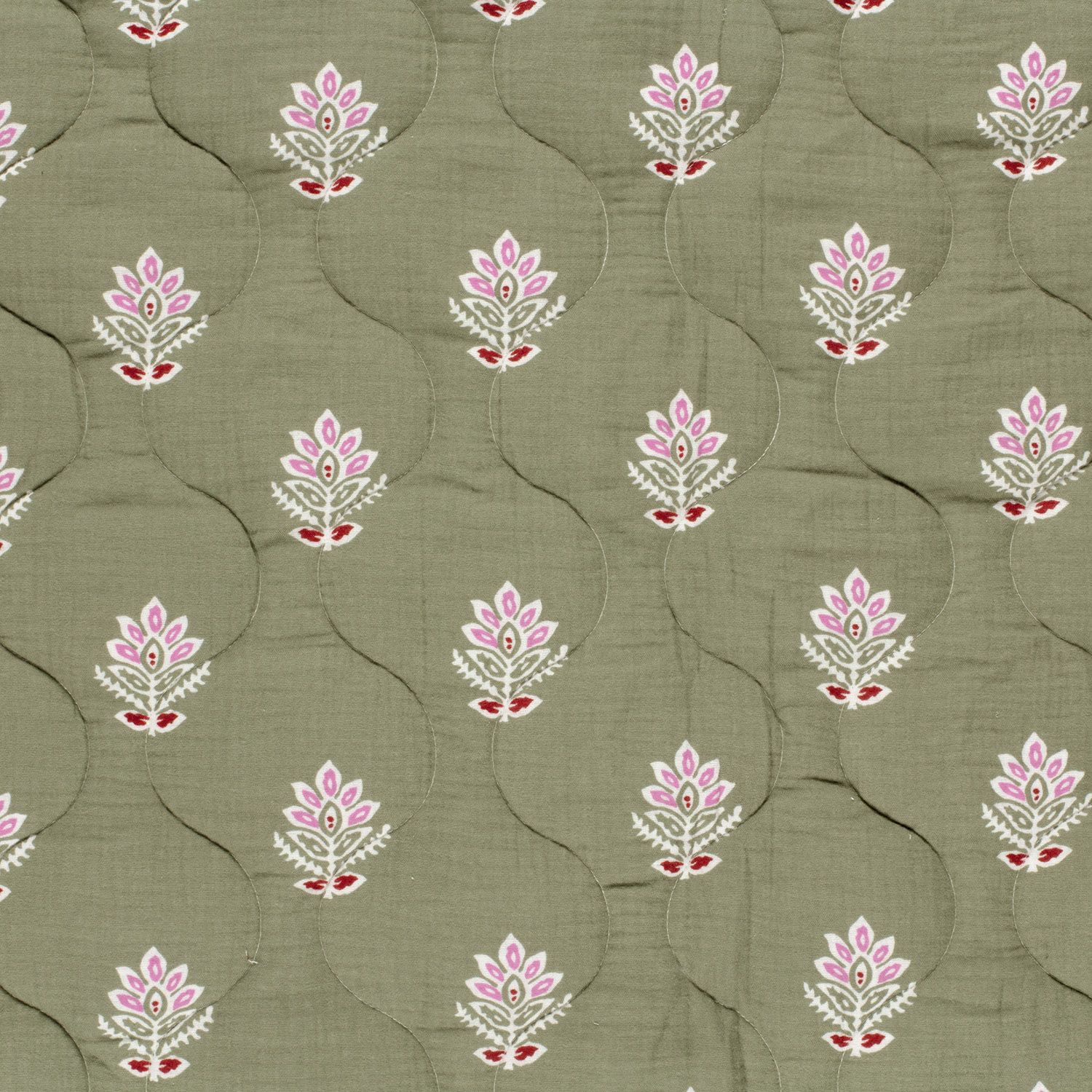 Stepped - Quilted - Ikat Flowers   - Double Sided -  Green Bordeaux