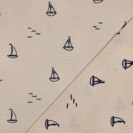 Double Gauze - Embroidery- Boats  - Sand