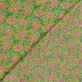 katoen Print - Voile - Batik  - Pink Flowers   - Lime  Green
