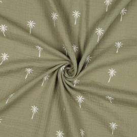 Verhees Textiles - Double Gauze Embroidery - Palm Trees - Army Green