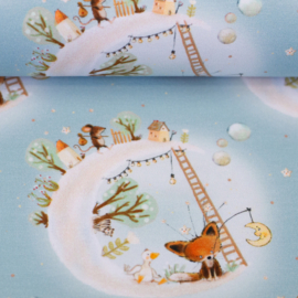 Swafing Tricot Jersey  - Retro Print - Foxy Moonlight  - Light Blue
