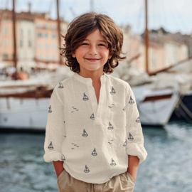 Double Gauze - Embroidery- Boats  - Sand