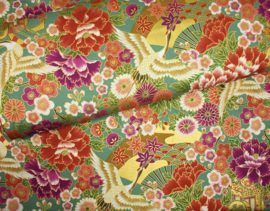 Japanese Floral Print |Tsuru to hana, fan - Green - Cotton