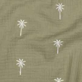 Verhees Textiles - Double Gauze Embroidery - Palm Trees - Army Green
