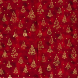 Katoen Print Kerst -  Christmas   Tree - Red  Gold
