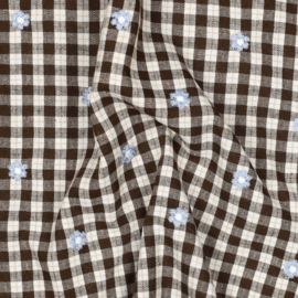 Verhees Katoen viscose - Embroidery  - Check   - Brown Blue Flowers