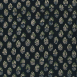katoen Print - Voile - Batik  -  Leaves    - Dark Blue