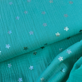 Rico Design - Crinkle Muslin - Stars - Hot Foil - Turquoise