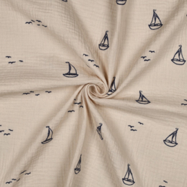 Double Gauze - Embroidery- Boats  - Sand