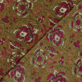 katoen Print - Voile - Batik  - Dark Red Flowers   - Moss  Green