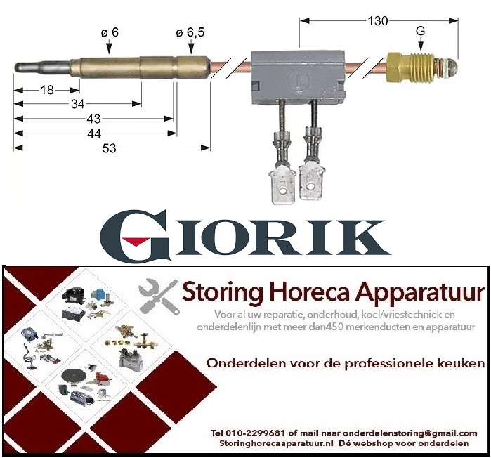 833107177 - Thermokoppel met onderbreker M9x1 L 600mm steekhuls ø6,0mm F 6,3mm gas friteuse GIORIK