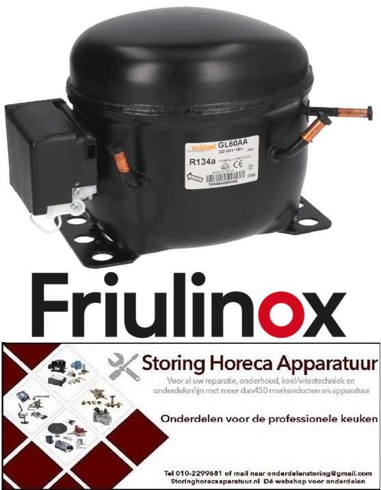 230605197 -Compressor koelmiddel R134a type GL60AA 220-240V 50Hz LBP 9,1kg 1/6HP vermogensverbruik 126W FRIULINOX
