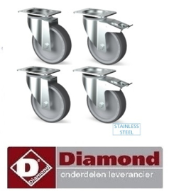 TIK4-L - Set 4 zwenkwielen R.V.S., 2 met rem DIAMOND