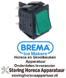 465301017- Wipschakelaar inbouwmaat 30x22mm groen 2CO 250V 16A verlicht aansluiting vlaksteker 6,3mm BREMA