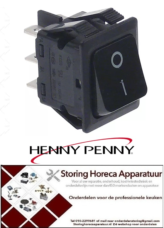 143346377 - Wipschakelaar inbouwmaat 30x22mm zwart 2CO 230V 16A 0-I - HENNY-PENNY