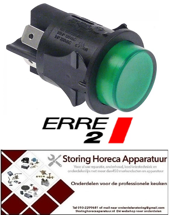 183345161 - Drukschakelaar inbouwmaat ø25mm rond groen 2NO 250V 16A verlicht ERRE2