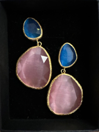 Happy Lona oorbellen verguld met 2 stenen azuurblauw-oudroze