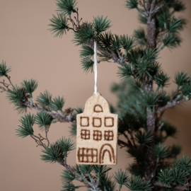Kersthanger Sjaal met Verhaal gingerbread cookie grachtenhuisje fudge
