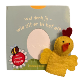 Boekje Wat denk jij - wie zit er in het ei? met vingerpopje kuiken