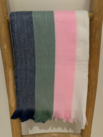 Sjaal L brede streep donkerjeans-mint-roze-wit