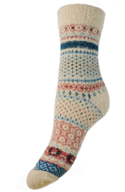 Sokken maat 36-40 Woolmix patroon crème-blauw-zalm