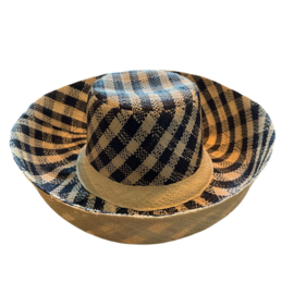 Zonnehoed met brede rand geruit zwart