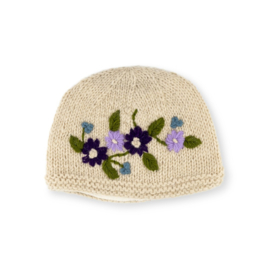 Beanie Sjaal met Verhaal Flowers beige met blauwe bloemen