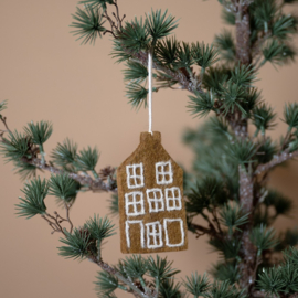 Kersthanger Sjaal met Verhaal gingerbread cookie grachtenhuisje mocca