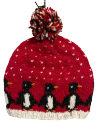 Muts met pompom pinguin rood