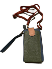 Tasje voor mobiel/portefeuille van restleer incl. afneembare crossbody schouderband olijfgroen-jeansblauw