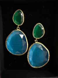 Happy Lona oorbellen verguld met 2 stenen groen-turquoise