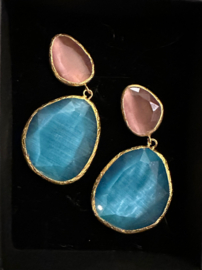 Happy Lona oorbellen verguld met 2 stenen oudroze-turquoise