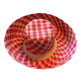 Zonnehoed met brede rand geruit cyclaam
