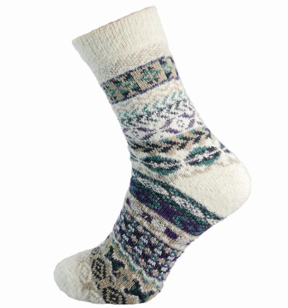 Sokken maat 40-45 Woolmix patroon creme-groenblauw-paars