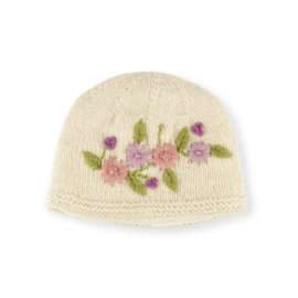 Beanie Sjaal met Verhaal Flowerscrème met roze bloemen