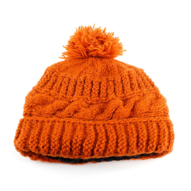 Muts effen met pompom cognac