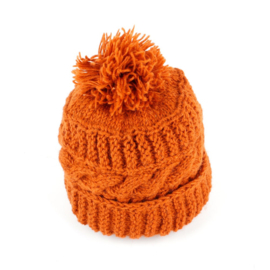 Muts effen met pompom cognac