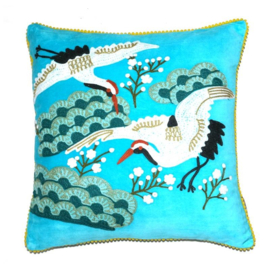 Kussen Only Natural kraanvogels fluweel turquoise